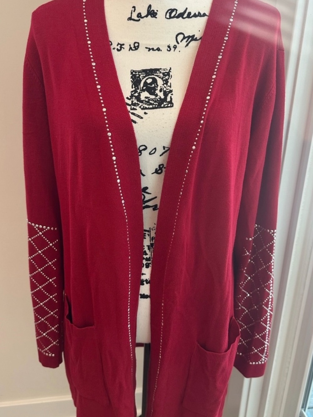 80 Park Red Rhinestone Lattice Sleeve Open Front Cardigan size Large